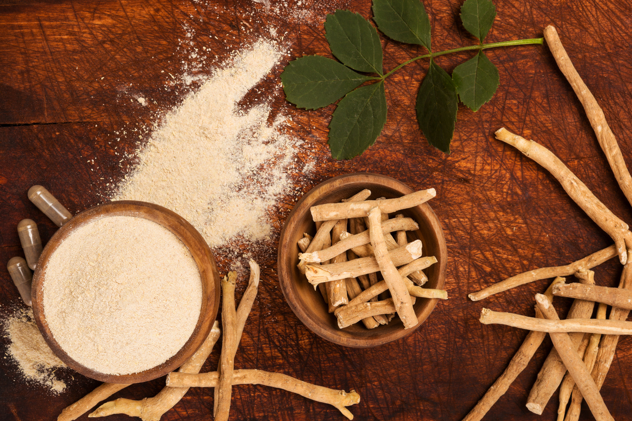 Gingseng indian crenguțe și praf pe o masă