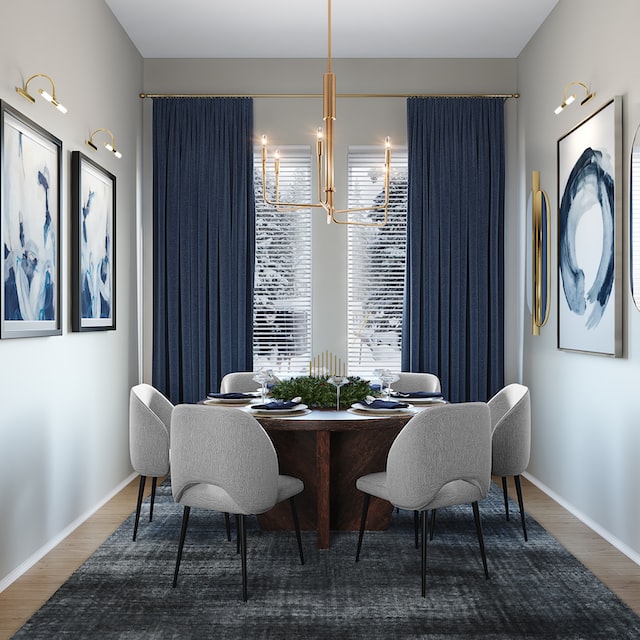 Design interior sufragerie cu draperii albastre 
