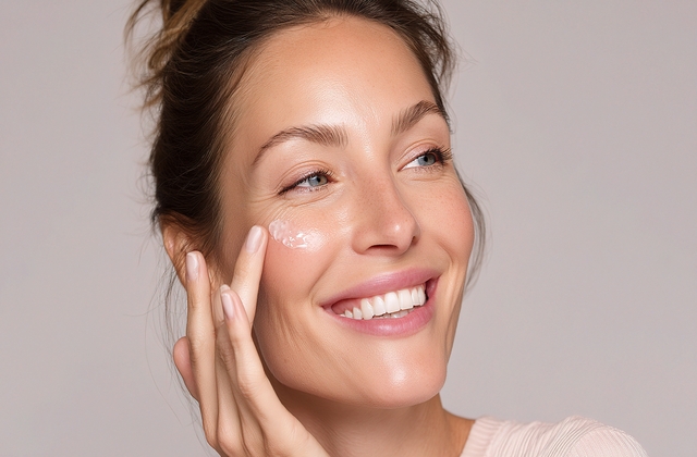 Femeie care aplica crema pe fata