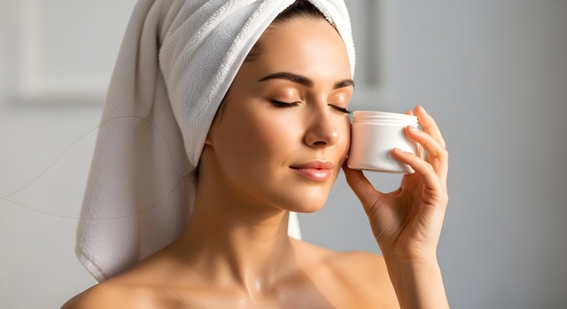 Femeie cu prosop in cap si crema in mana