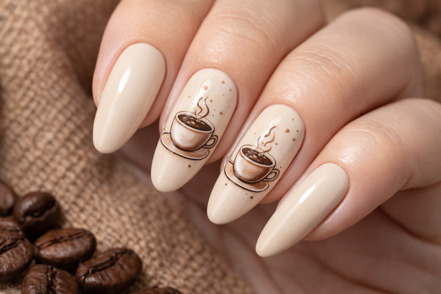 Unghii cu desen ceasca de cafea