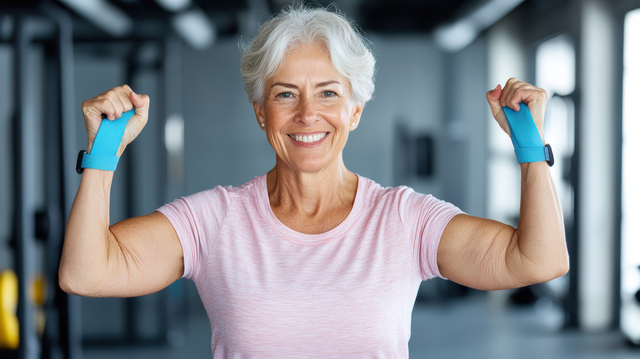 Femeie in varsta care face exercitii la sala