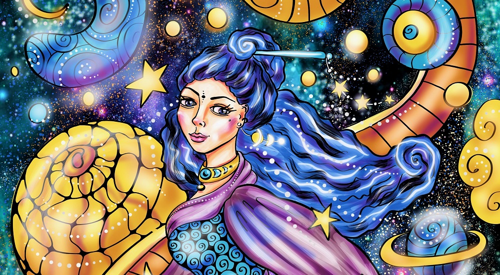 Ilustratie mistica si extrem de colorata cu o femeie si diverse elemente fantastice
