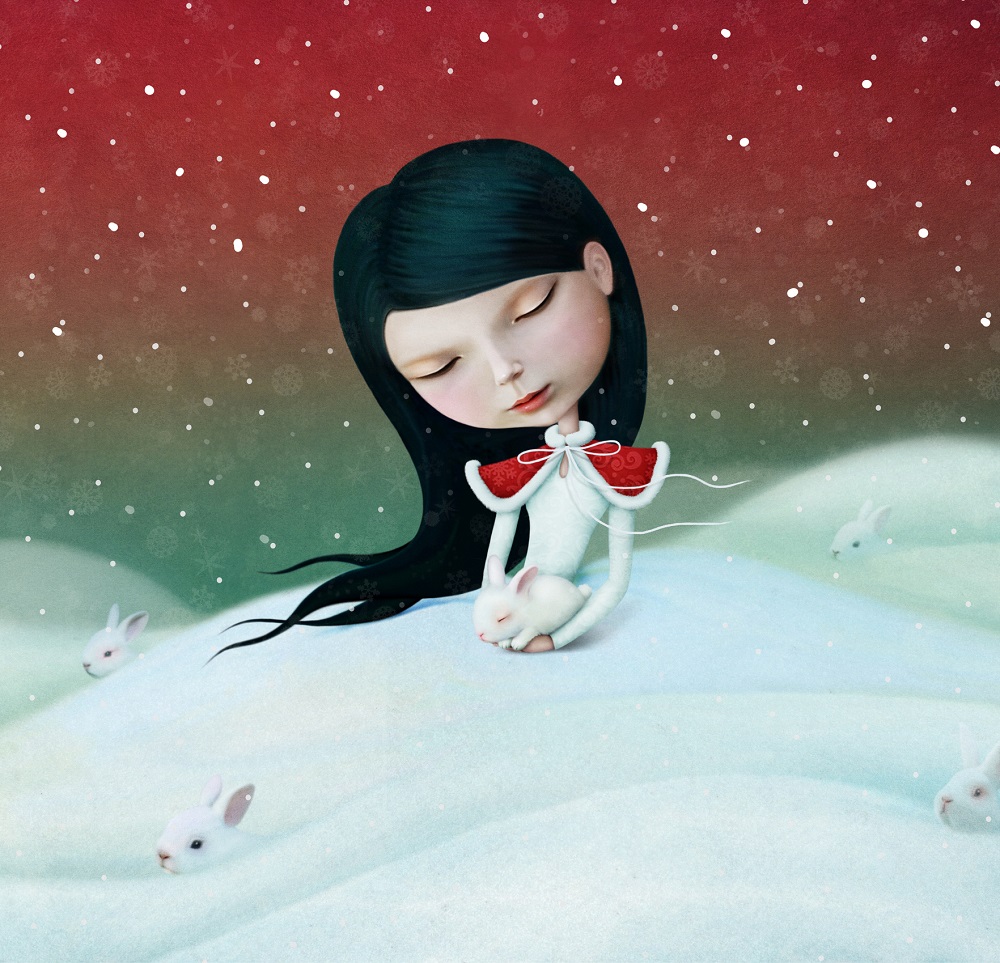 Ilustratie cu o fetiță bruneta care tine in brate un iepurașii în zăpadă