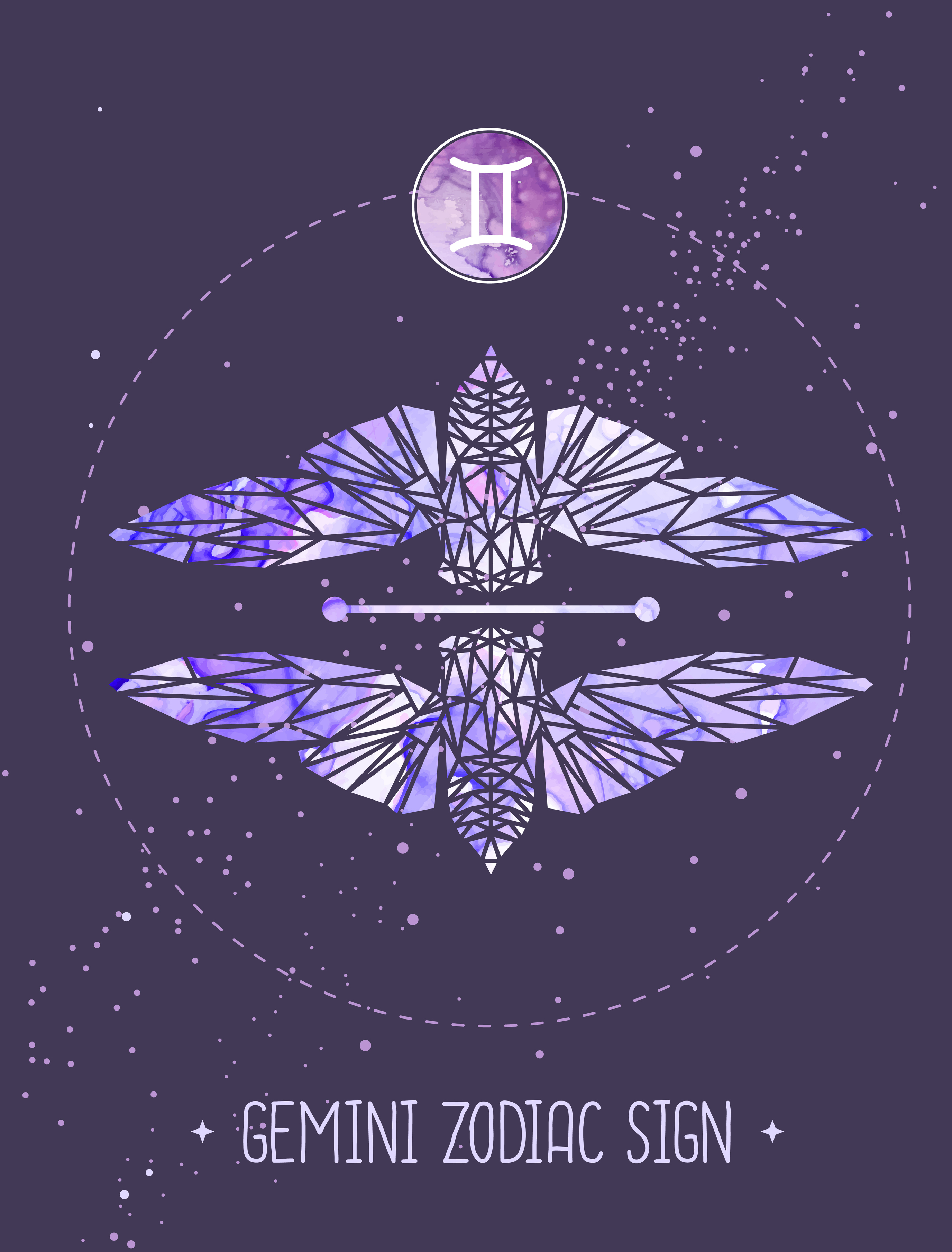 Ilustrație cu semnul zodiei gemeni, realizată din elemente holografice, pe un fundal care reprezintă universul