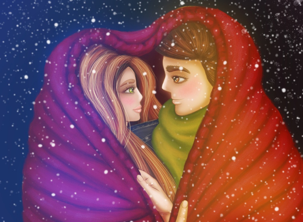Ilustrație cu doi tineri îndrăgostiți care stau afară când ninge și se acoperă cu o pătură roșie