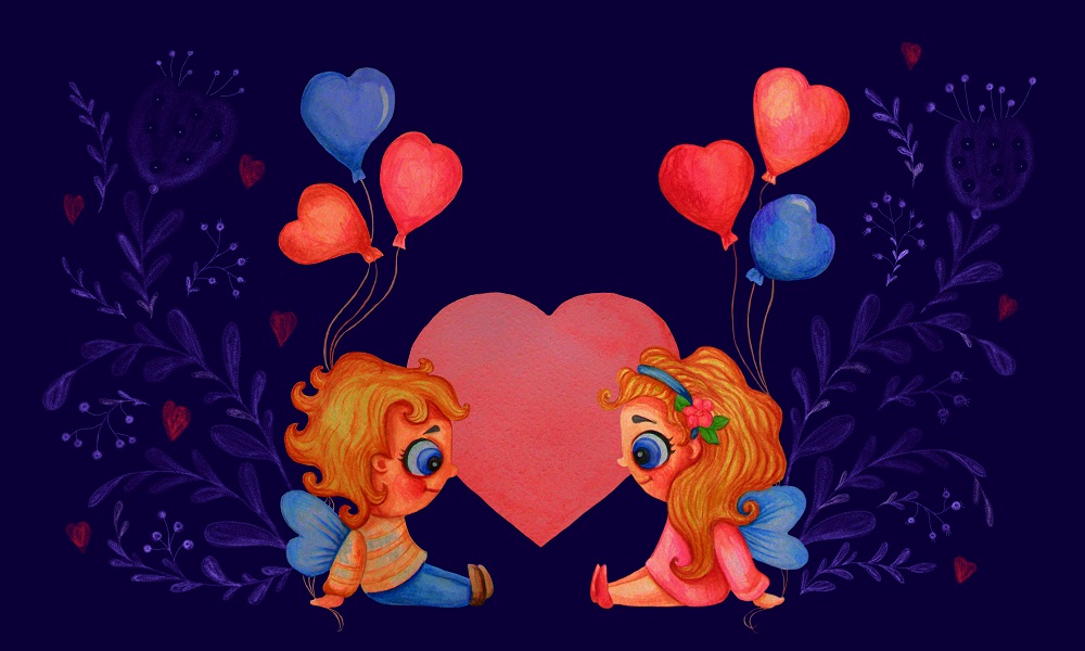 Îngerași îndrăgostiți, care stau lângă o inimă mare roșie și au baloane în formă de inimă legate de aripi