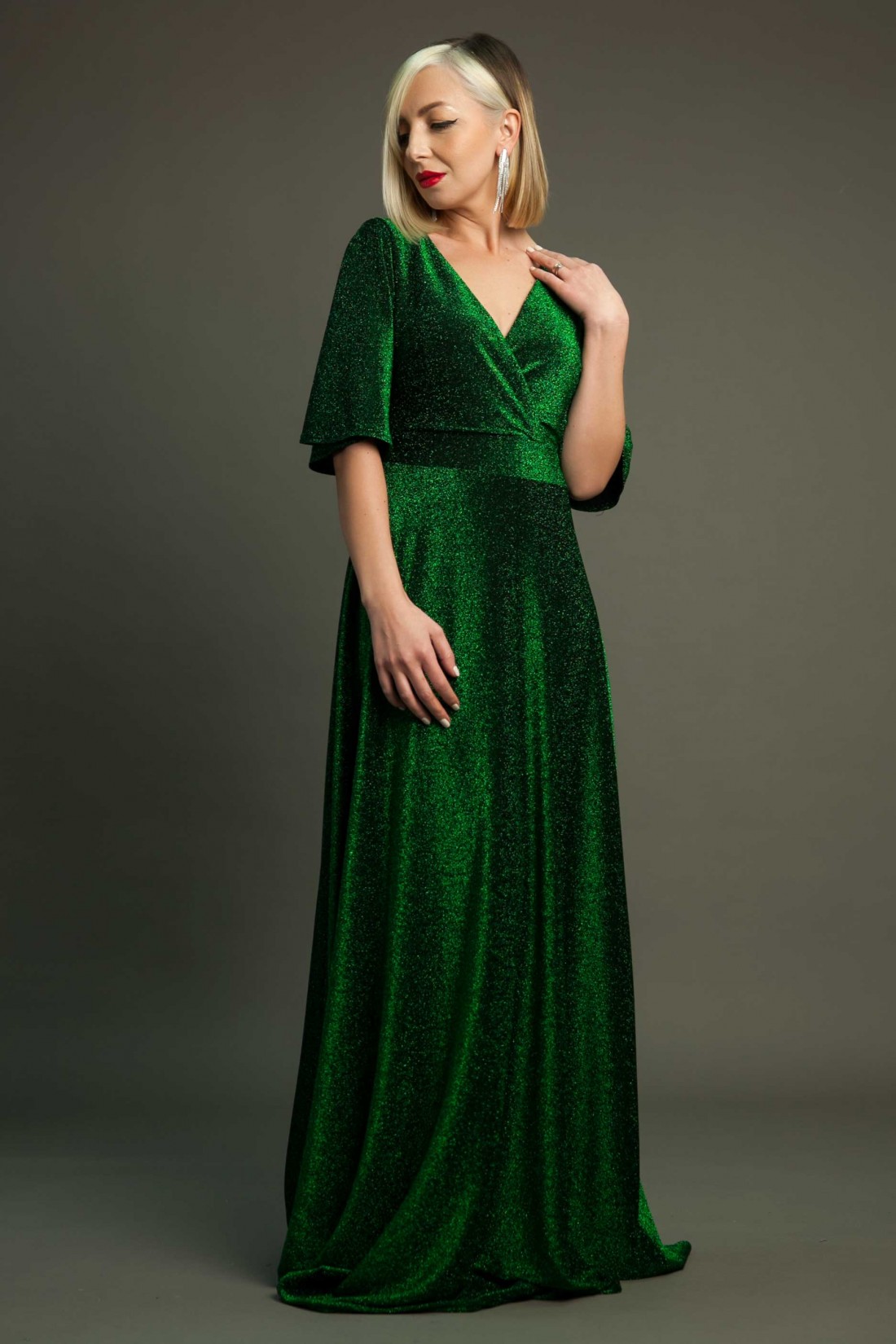 Rochie lungă de seară, din lurex verde