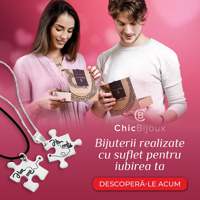 Lănțișoare de cuplu sub formă de piese de puzzle, produse care vin ambalate în cutii speciale de cadou