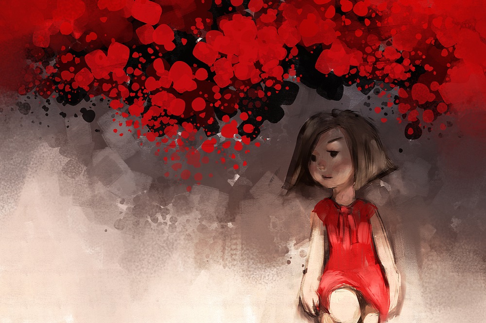 Ilustrație cu o pictură abstractă, infatisand o tânără în rochie roșie, care stă sub un tufiș roșu