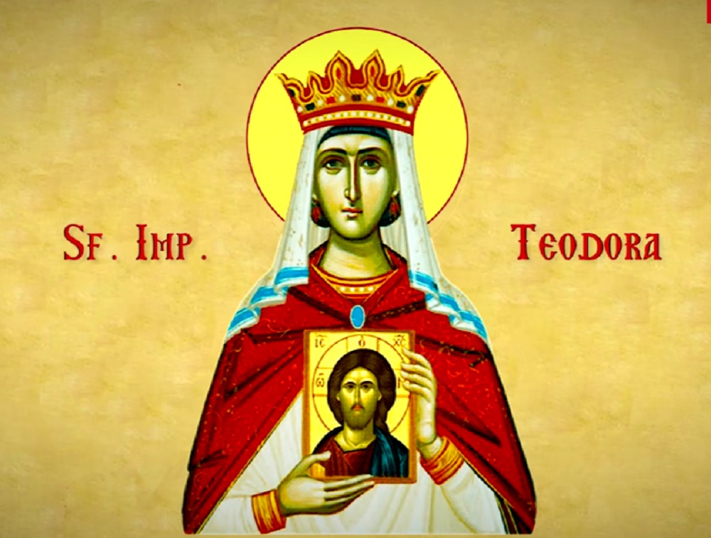Imagine cu Sfânta Împărăteasă Teodora care ține în mână o icoană cu Iisus