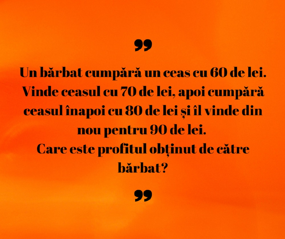 Problema de clasa a V-a, despre profitul obținut de un bărbat care cumpără un ceas și apoi îl vinde