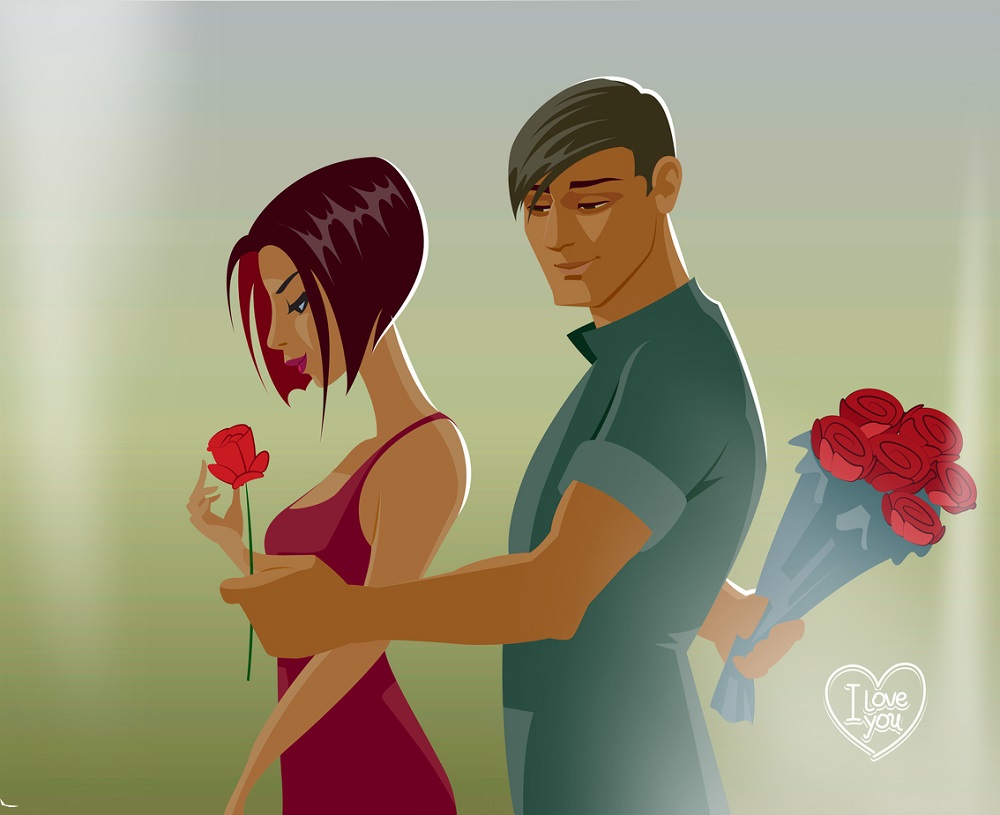 Ilustrație cu îndrăgostiți - bărbatul stă în spatele femeii și îi oferă flori din buchetul pe care i l-a adus.