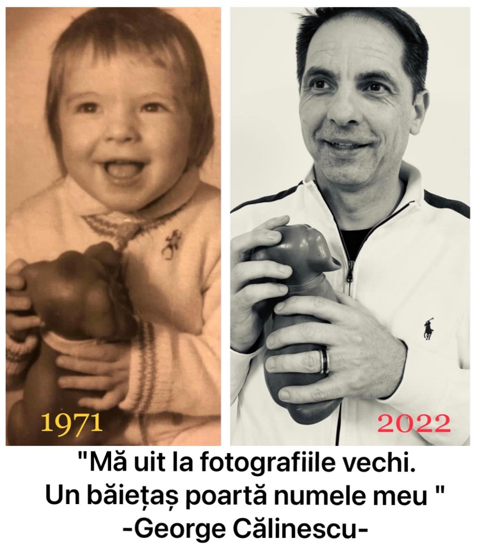 Dan Negru copilul vs. Dan Negru adultul, în două fotografii realizate cu aceeași jucărie în mână, dar la 51 de ani distanță.