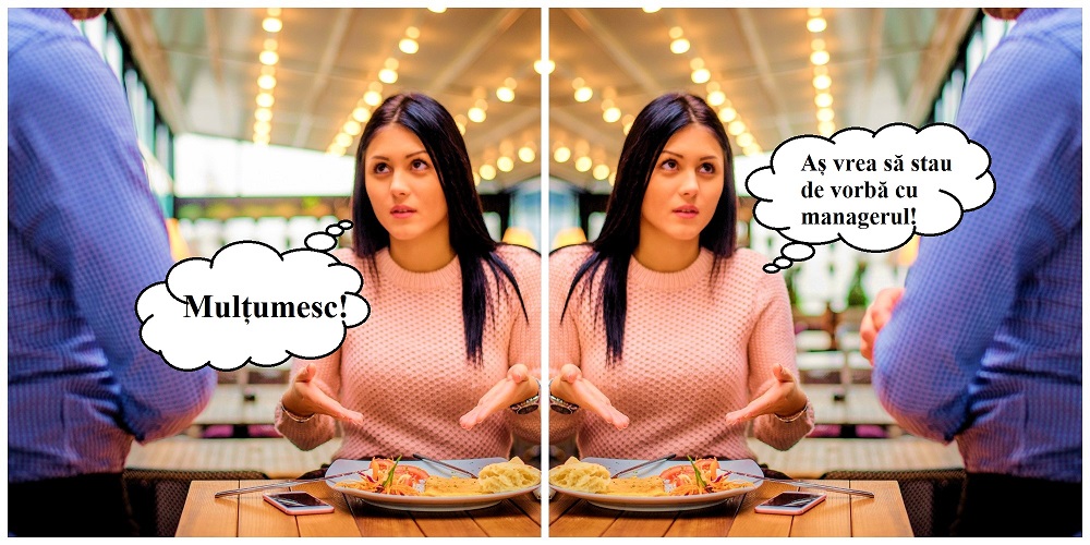 Femeie nemulțumită de mâncarea și servirea din restaurant. Își exprimă nemulțumirea în fața ospătarului și vrea să discute cu un manager.