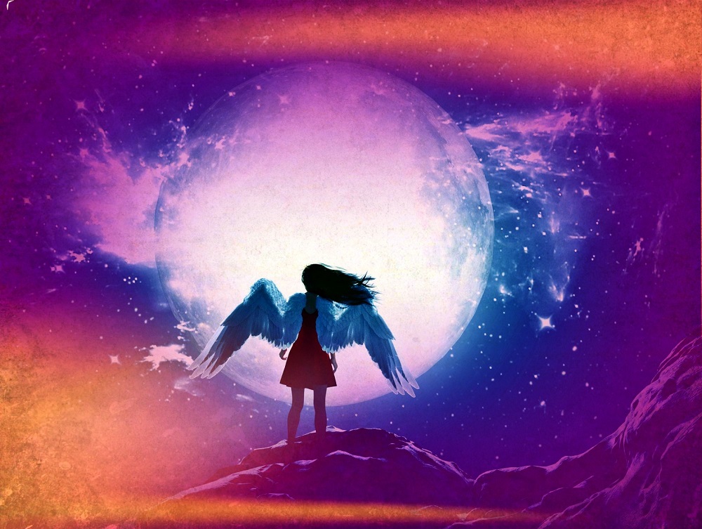 Ilustrație 3D cu un înger în Rai, care privește Luna Plină, tehnică folosită pentru ilustrațiile cărților