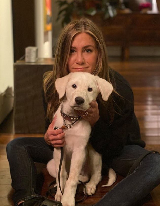 Jennifer Aniston, îmbrățișându-și cățelul