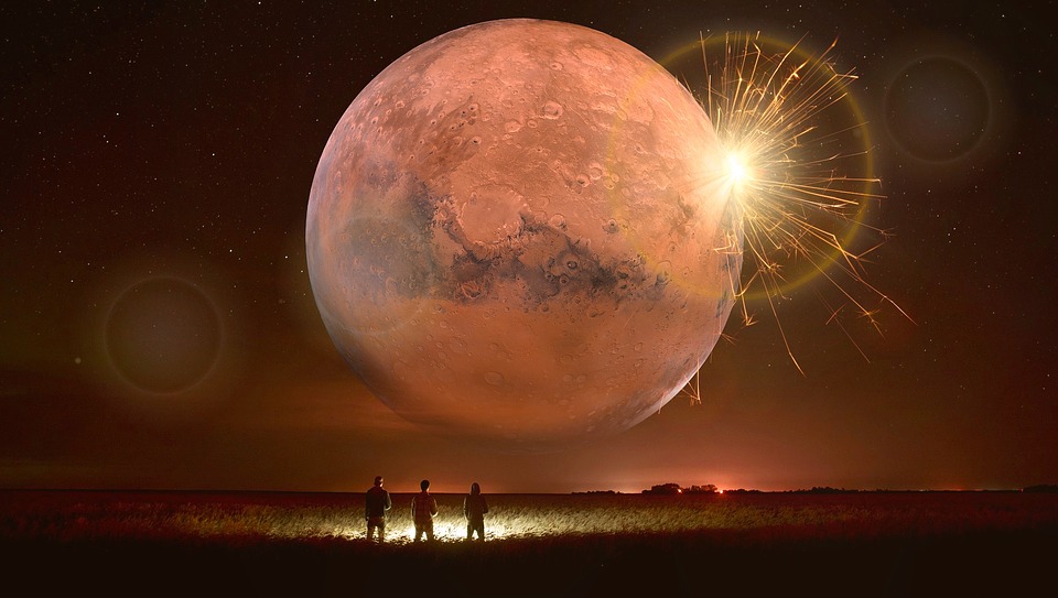 Ilustrație cu trei persoane care admiră spectacolul de pe cer oferit de mișcarea planetelor.