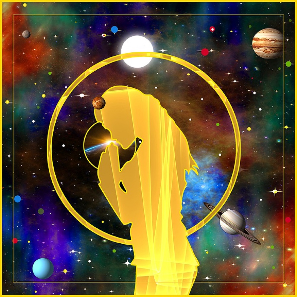 Ilustrație cu o femeie care se roagă, pe un fundal cu planete și stele