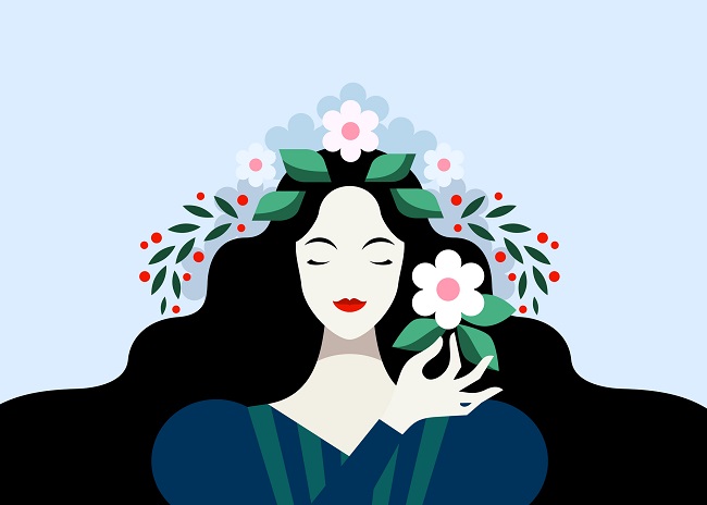 Ilustrație - femeie brunetă care poartă o coroană din flori