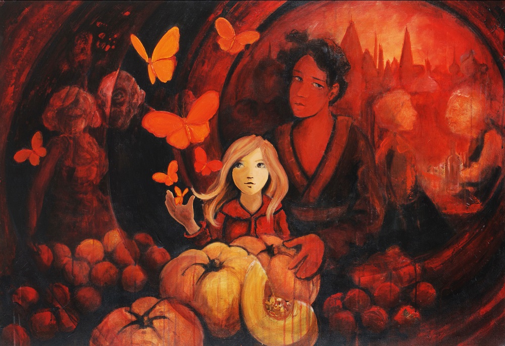O fată și o femeie în prim-plan, încojurate de cupluri care iau masa împreună și care se sărută, dar și de fluturi și de legume.