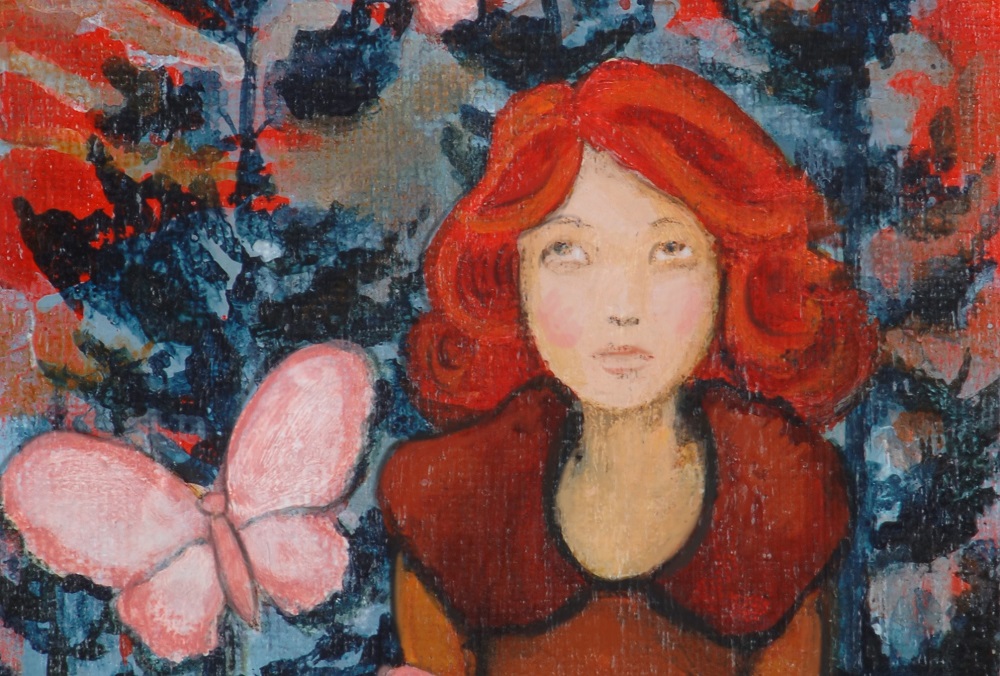 Ilustrație - portret femeie roșcată care privește în sus și are un fluture lângă ea