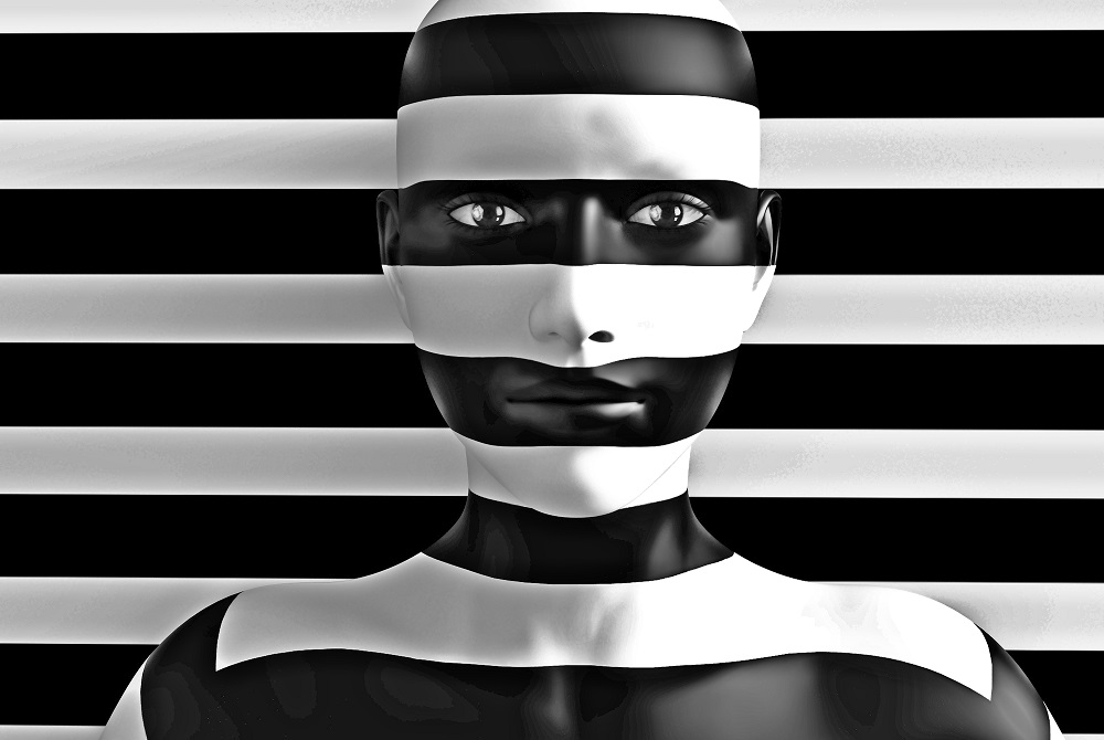Reprezentare 3D a chipului unei femei care încearcă să se confunde cu fundalul cu dungi albe și negre, temându-se să își arate adevăratele culori. 