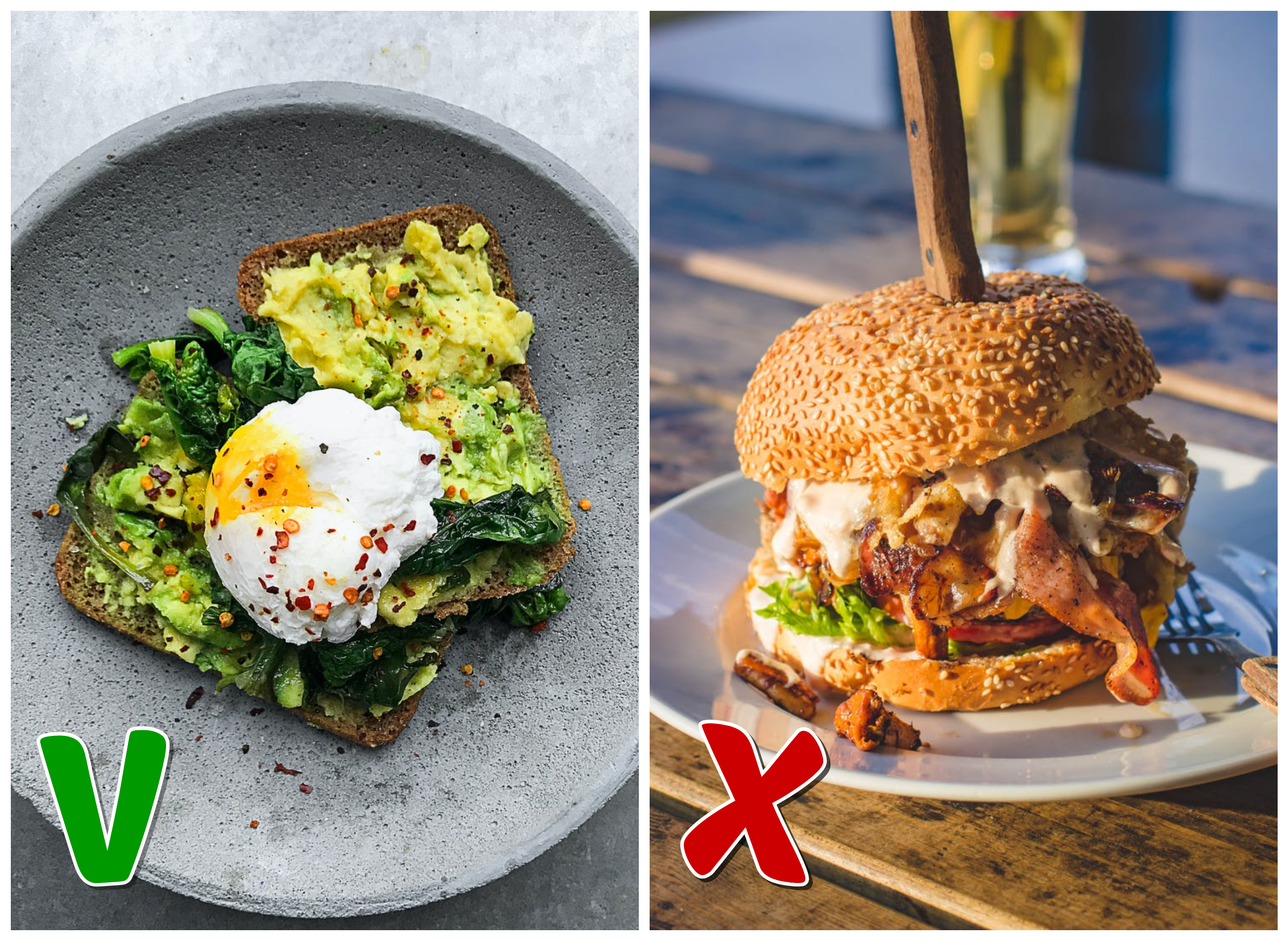 Mâncare sănătoasă, avocado, ou, paine vs mancare nesanatoasa, hamburger