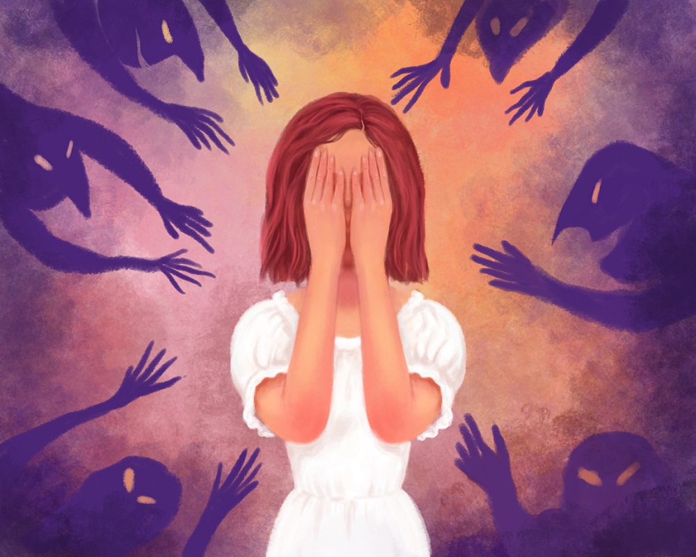 Ilustrație a sentimentului de frică; femeie îngrozită, cuprinsă de temeri, care își pune mâinile la ochi.