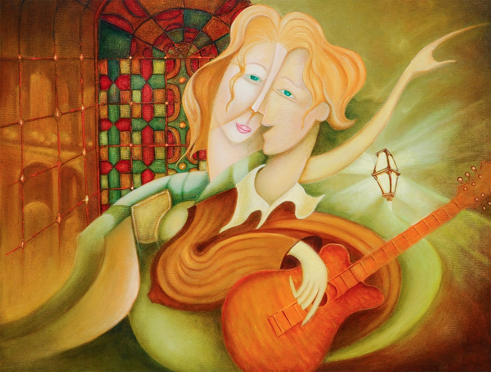 Ilustrație abstractă a unui cuplu îndrăgostit. Bărbatul cântă la chitară, iar femeia îl privește în ochi.