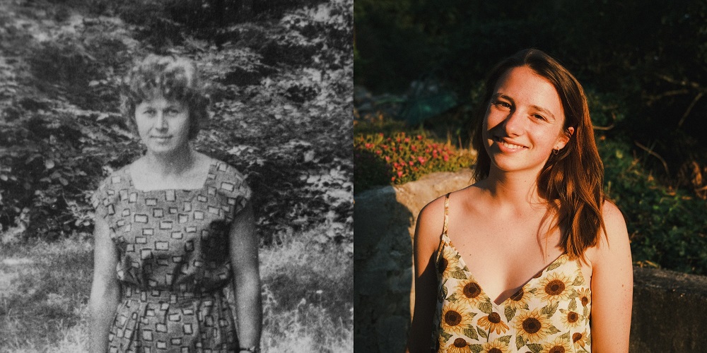 Imagine alb negru cu o femeie în tinerețe și imagine color cu o altă femeie la o vârstă apropiată