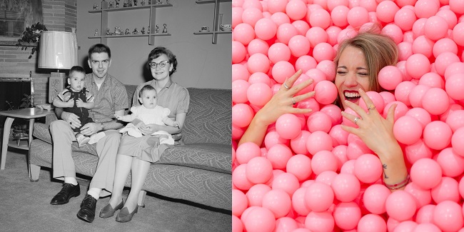 Imagine alb-negru a unei familii responsabile cu doi copii și imaginea unei femei care se distrează, jucându-se ca un copil printre mingi roz.