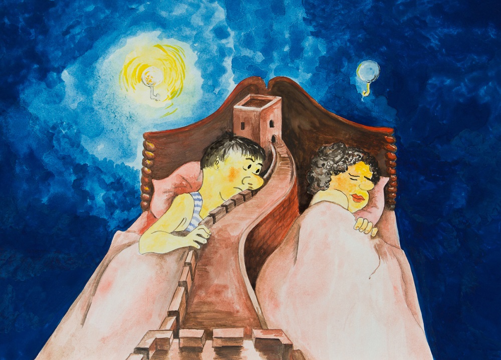 Parteneri care stau în pat și sunt despărțiti de un zid. Ilustrație a unei rupturi în cuplu.