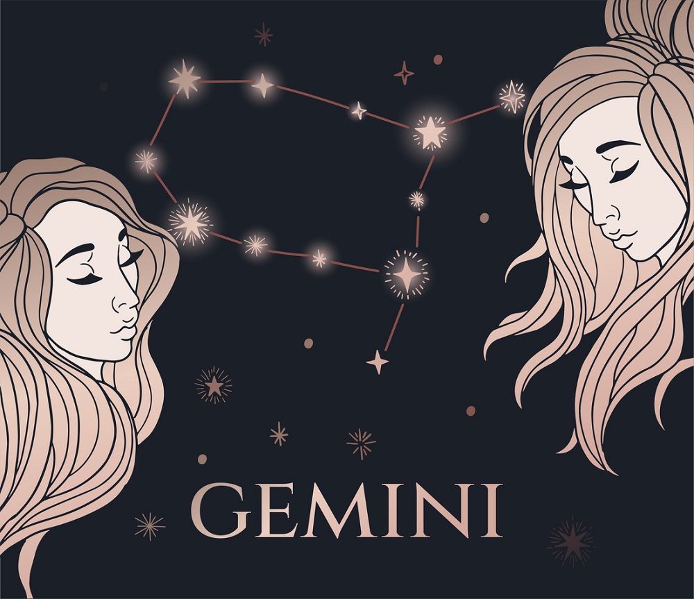 Simbolul zodiei Gemeni ilustrat prin două chipuri feminine poziționate față în față.