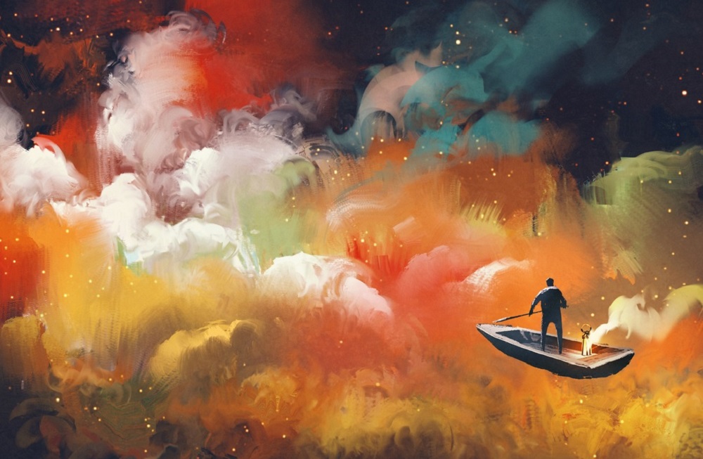 Bărbat în barcă, vâslind în spațiu printre nori.