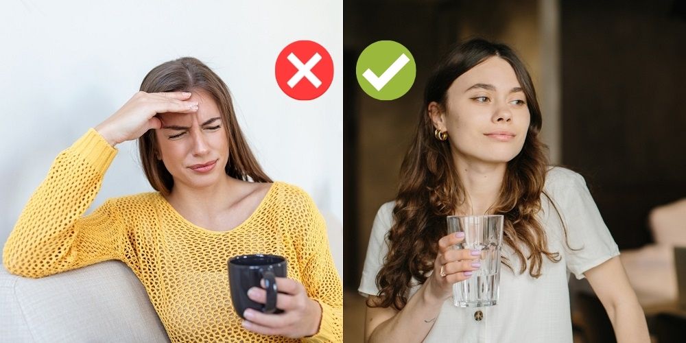 Femeie care bea cafea și are dureri de cap vs. femeie care bea apă și se simte bine