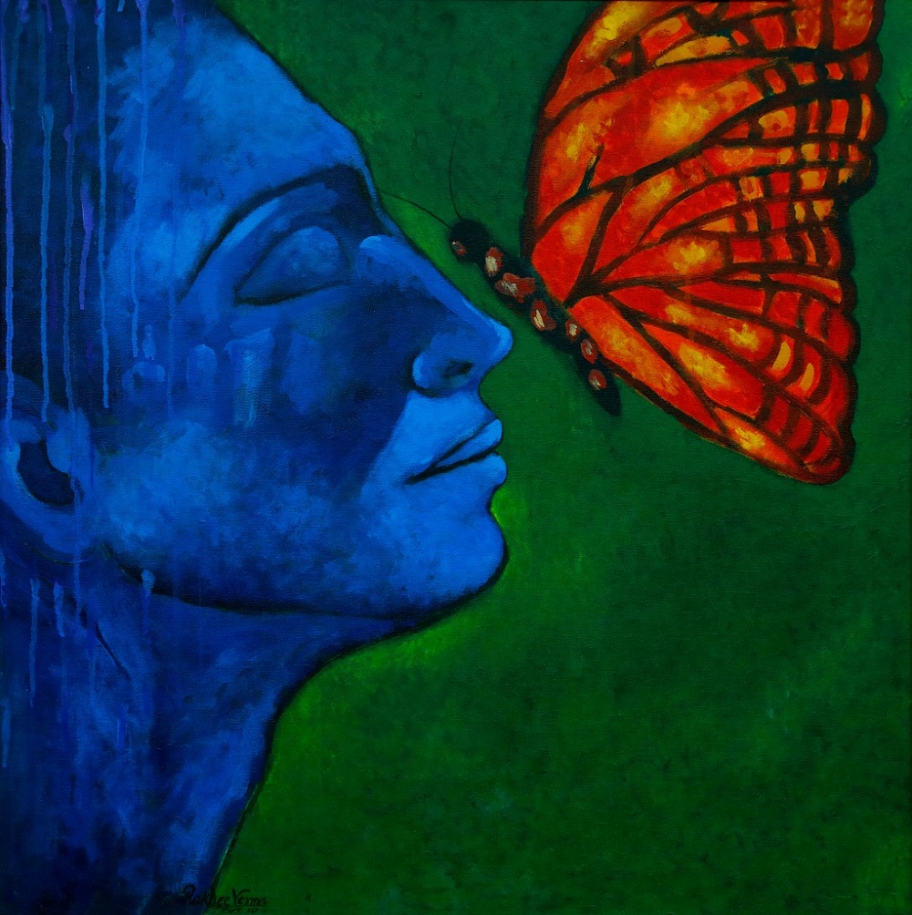 Portretul unei femei care meditează, în timp ce un fluture i se așază pe nas.