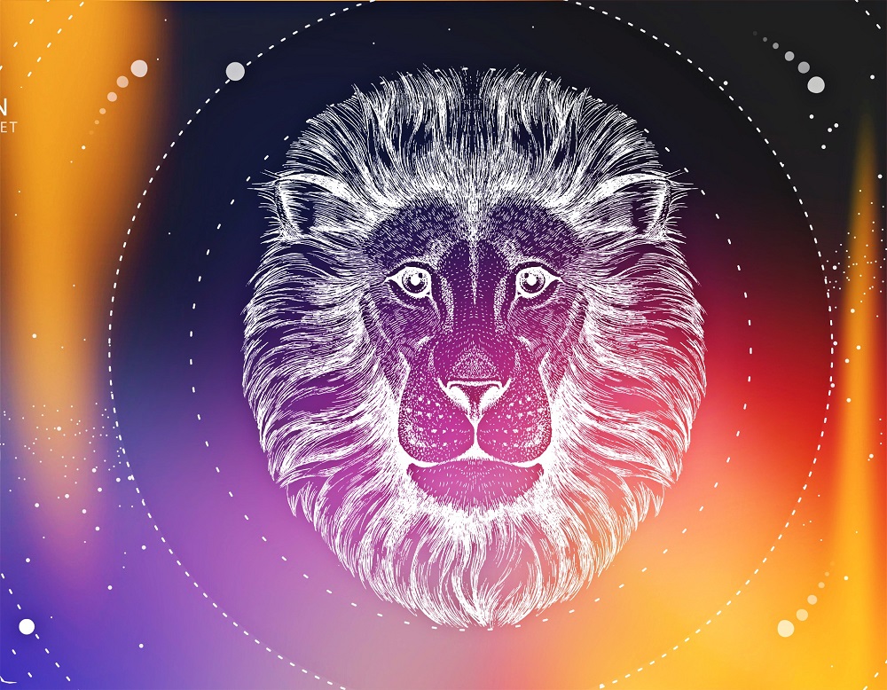 Semnul zodiei Leu ilustrat pe un fundal colorat și încadrat în mai multe cercuri. 