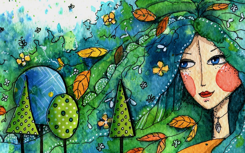 Portretul unei fete care ilustrează vara, anotimpul în care toți copacii sunt înverziți.
