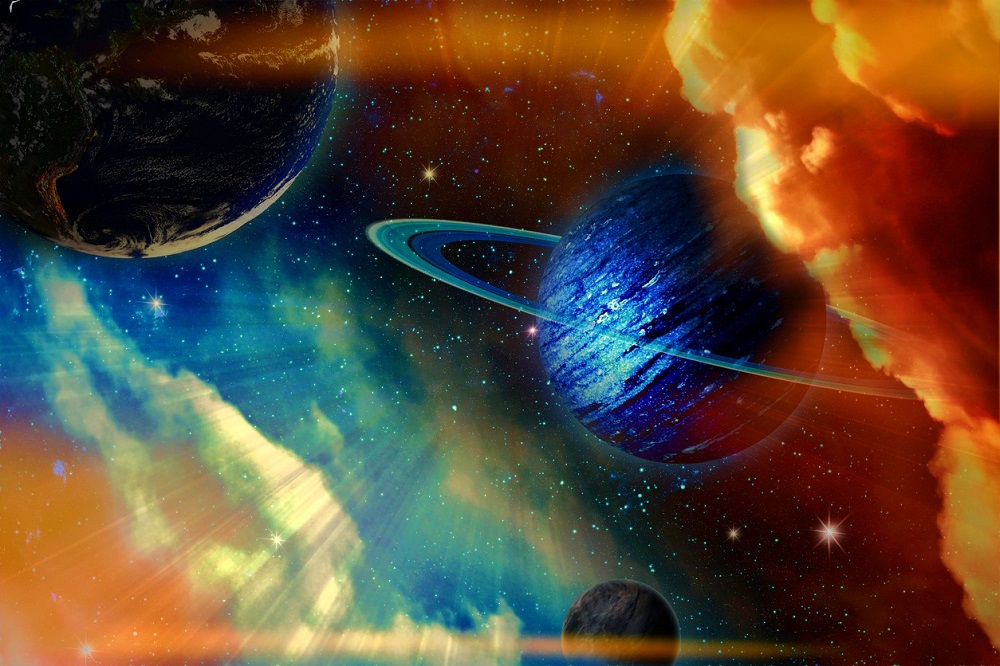 Ilustrație cu Uranus și elementele astrale care îl înconjoară.