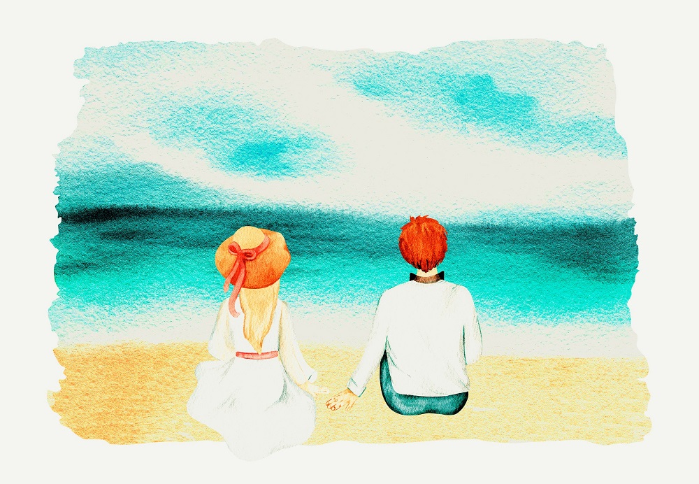 Ilustrație cu un cuplu care stă pe malul mării și admiră peisajul.