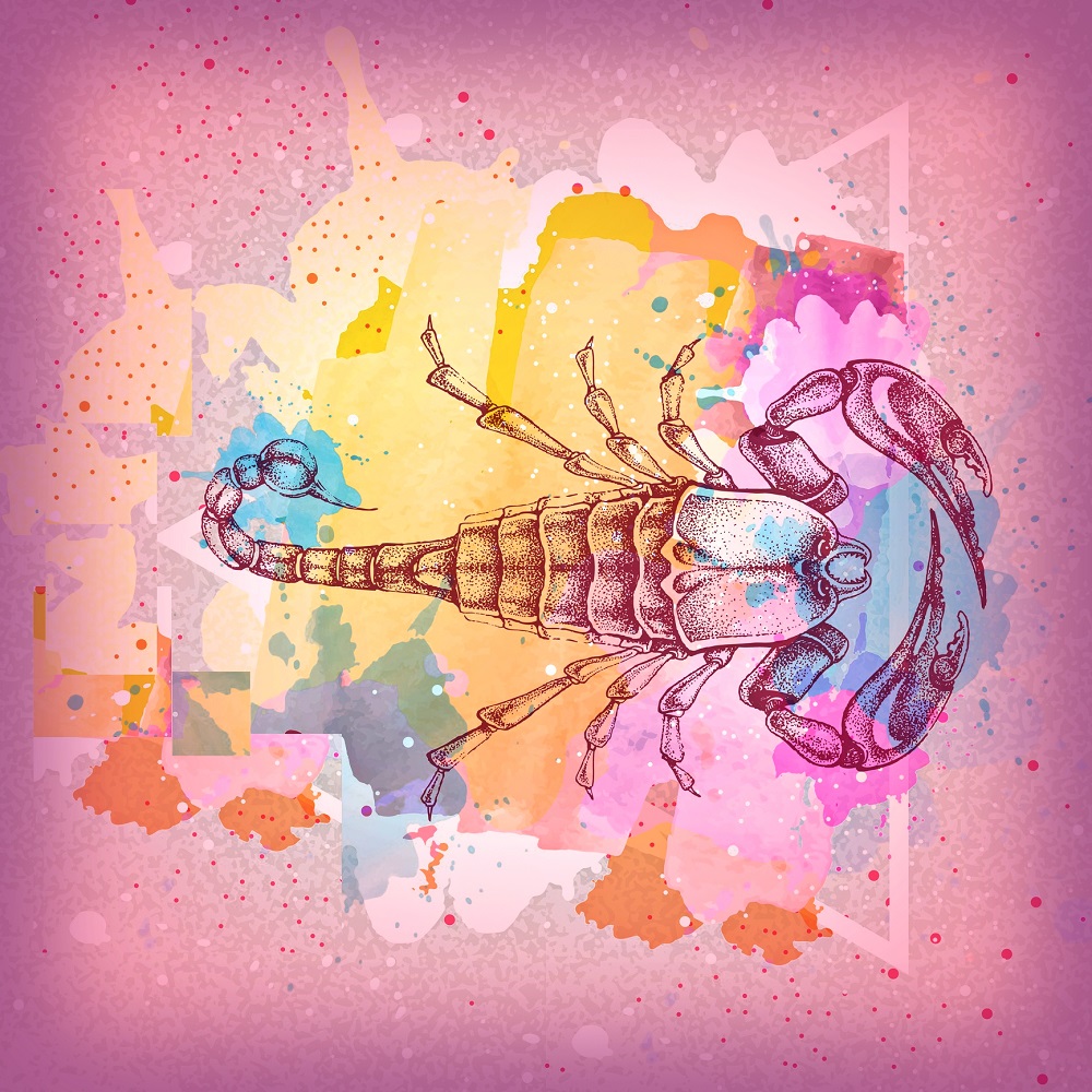 Semnul zodiei Scorpion pe un fundal colorat în nuanțe pale de roz, galben, portocaliu, verde și albastru.