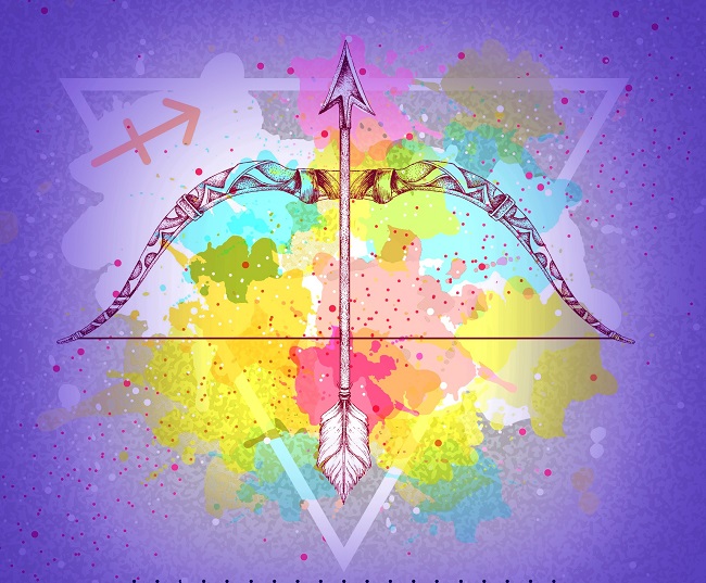 Semnul zodiei Săgetător pe un fundal colorat, în nuanțe de mov, roz, galbe, verde și albastru