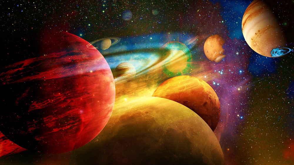 Ilustrație colorată cu poziționarea planetelor în spațiu.