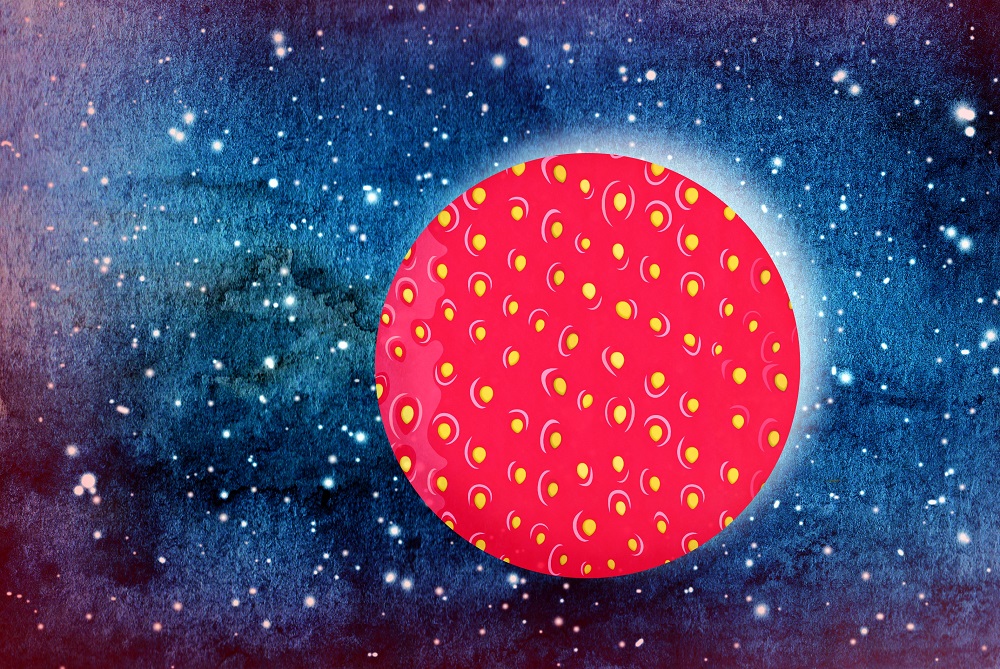 Ilustrație Luna Căpșună, înconjurată de multe stele.