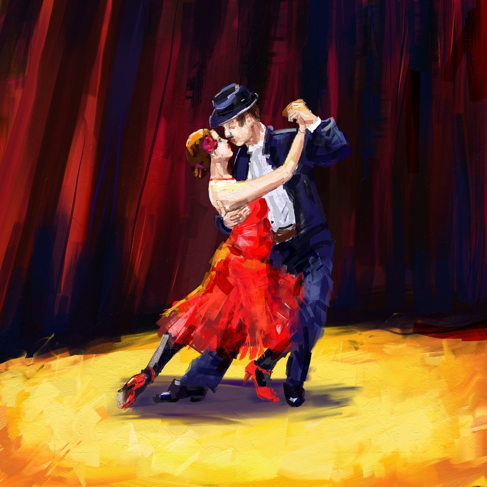 Pictură cu un cuplu pasional care dansează tango pe scenă.