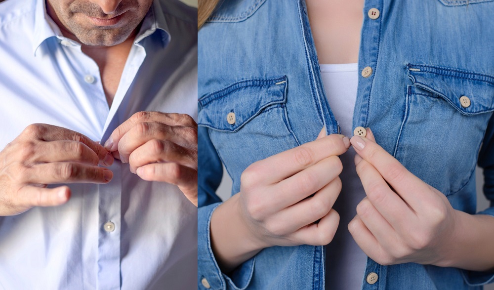 Bărbat și femeie care își încheie cămășile cu nasturi cusuți pe părți diferite.