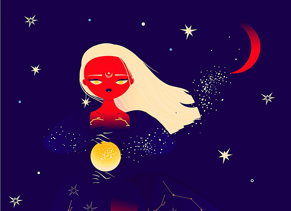 Tânără vrăjitoare misterioasă care ține în mână un glob magic, pe timp de noapte, când cerul este înstelat.