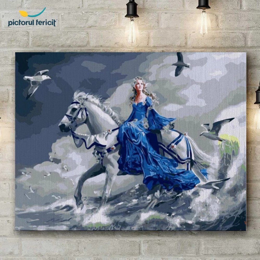 Pictura pe numere, făcută pe pânză - prințesă care traversează o apă pe un cal alb.