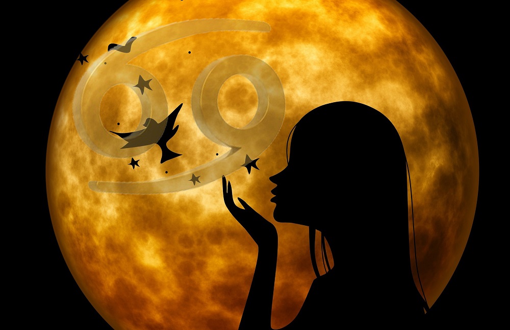 Ilustrație cu silueta unei femei care a eliberat un porumbel pe timp de noapte, la lumina Lunii Pline.